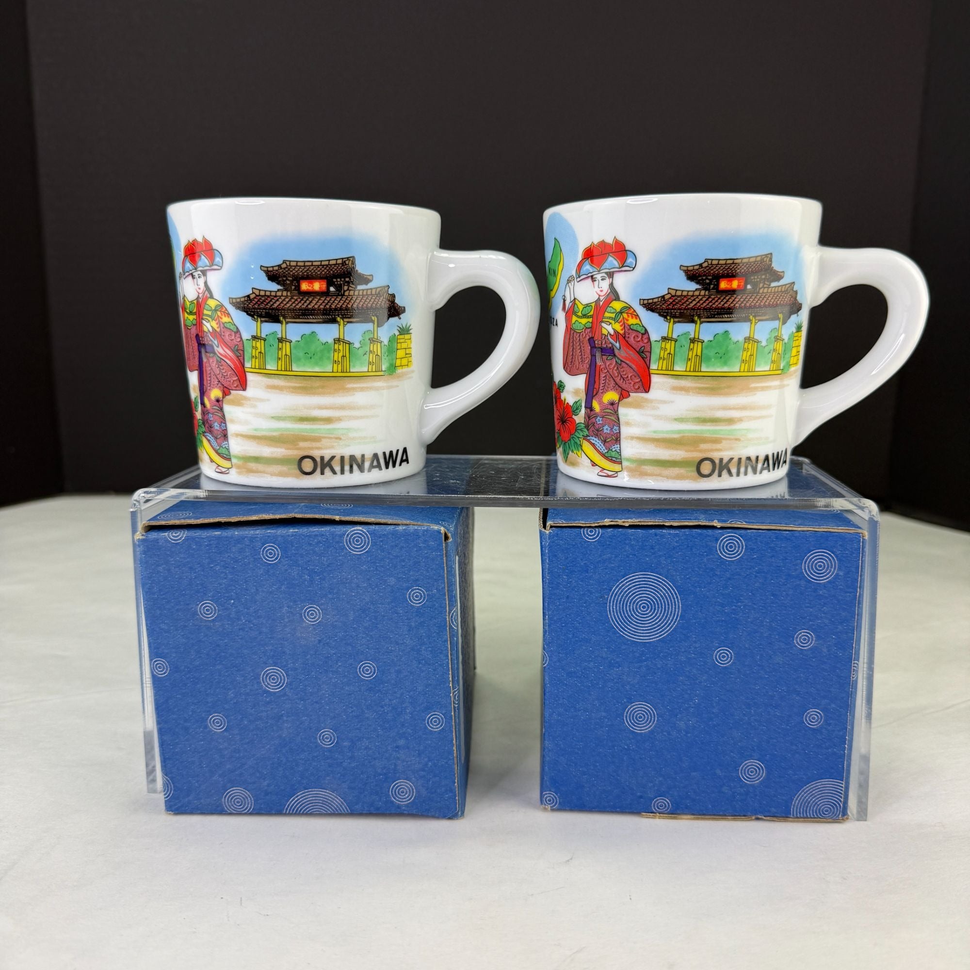 Vintage China Pete's Okinawa Japan Coffee Mugs Set of 2 With Box