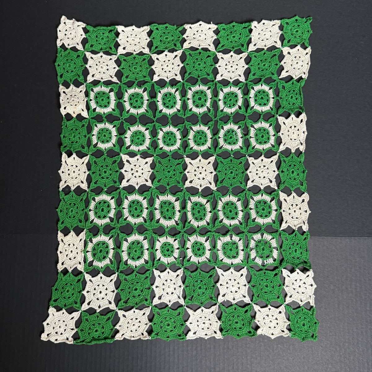 Vintage Green Ivory Crochet Table Topper Granny Square Doily 19 x 23