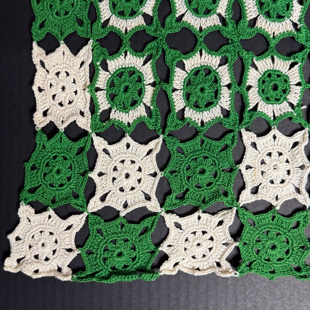 Vintage Green Ivory Crochet Table Topper Granny Square Doily 19 x 23