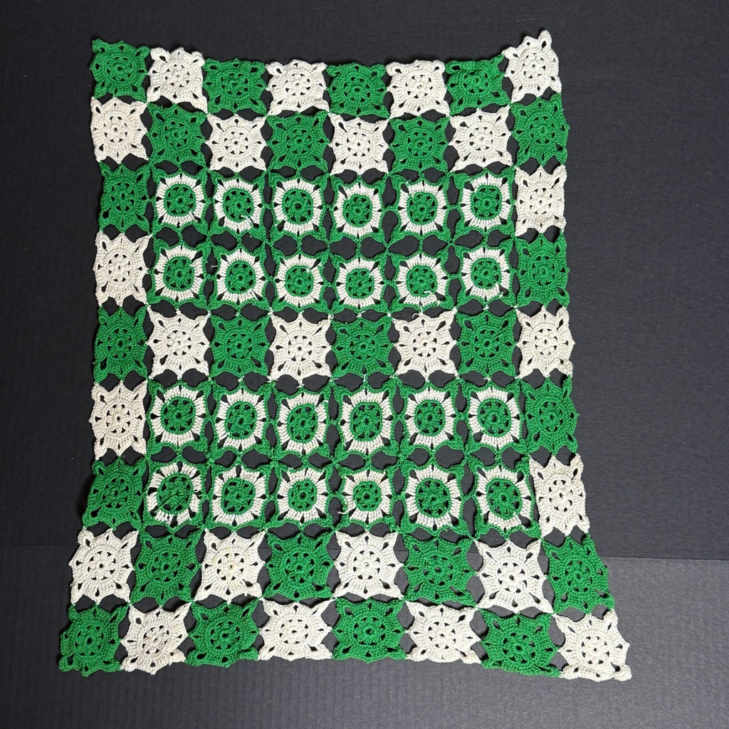 Vintage Green Ivory Crochet Table Topper Granny Square Doily 19 x 23