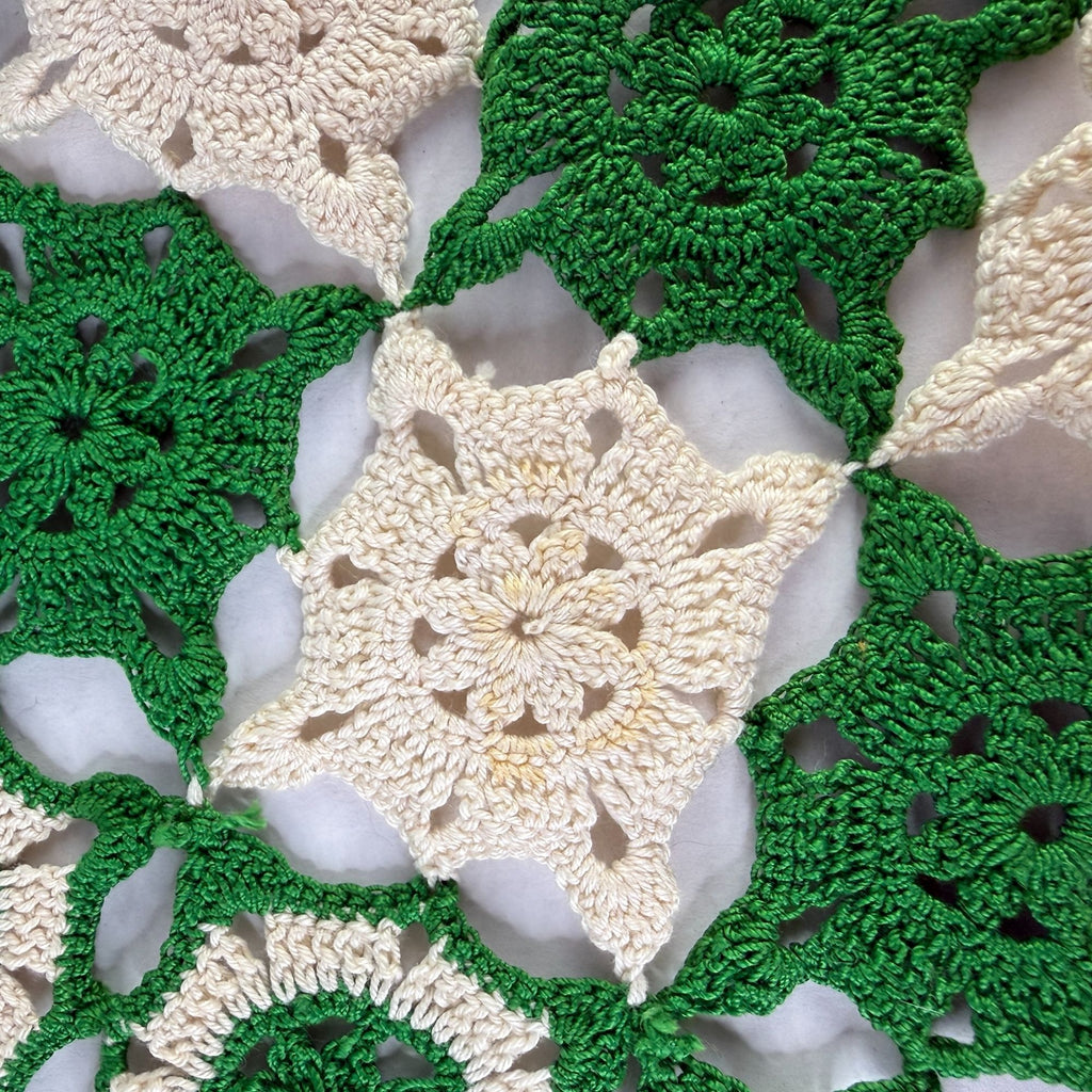 Vintage Green Ivory Crochet Table Topper Granny Square Doily 19 x 23