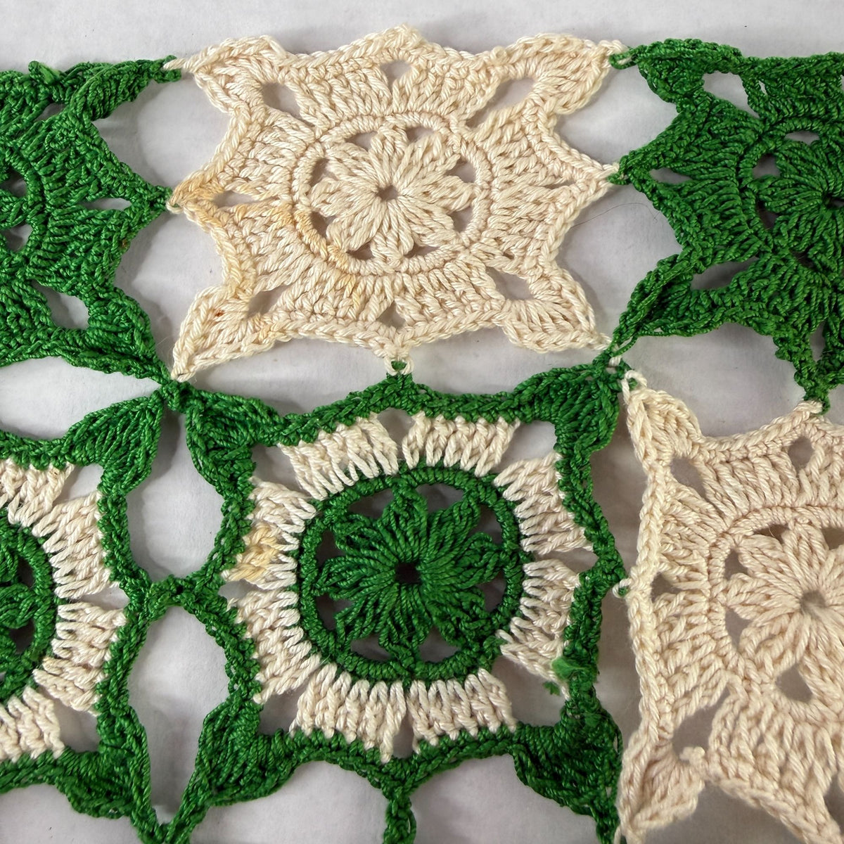 Vintage Green Ivory Crochet Table Topper Granny Square Doily 19 x 23