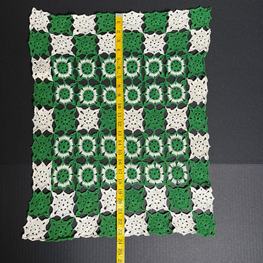 Vintage Green Ivory Crochet Table Topper Granny Square Doily 19 x 23