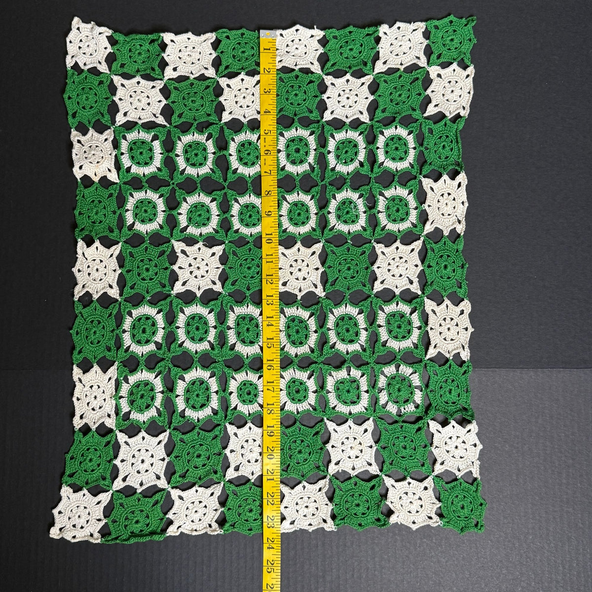 Vintage Green Ivory Crochet Table Topper Granny Square Doily 19 x 23