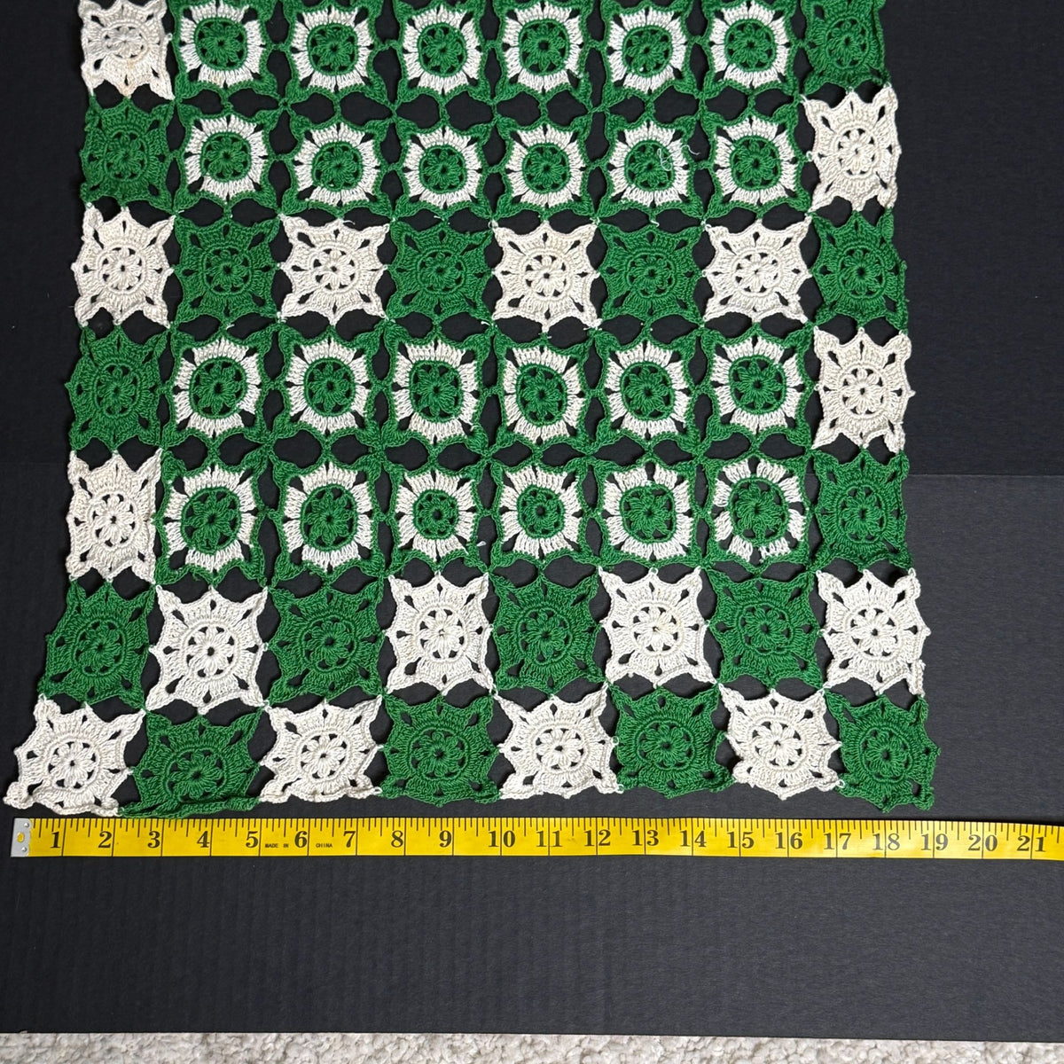 Vintage Green Ivory Crochet Table Topper Granny Square Doily 19 x 23