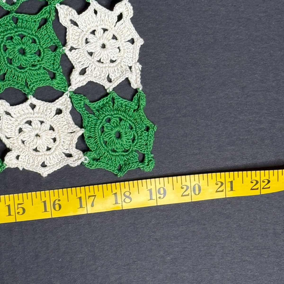 Vintage Green Ivory Crochet Table Topper Granny Square Doily 19 x 23