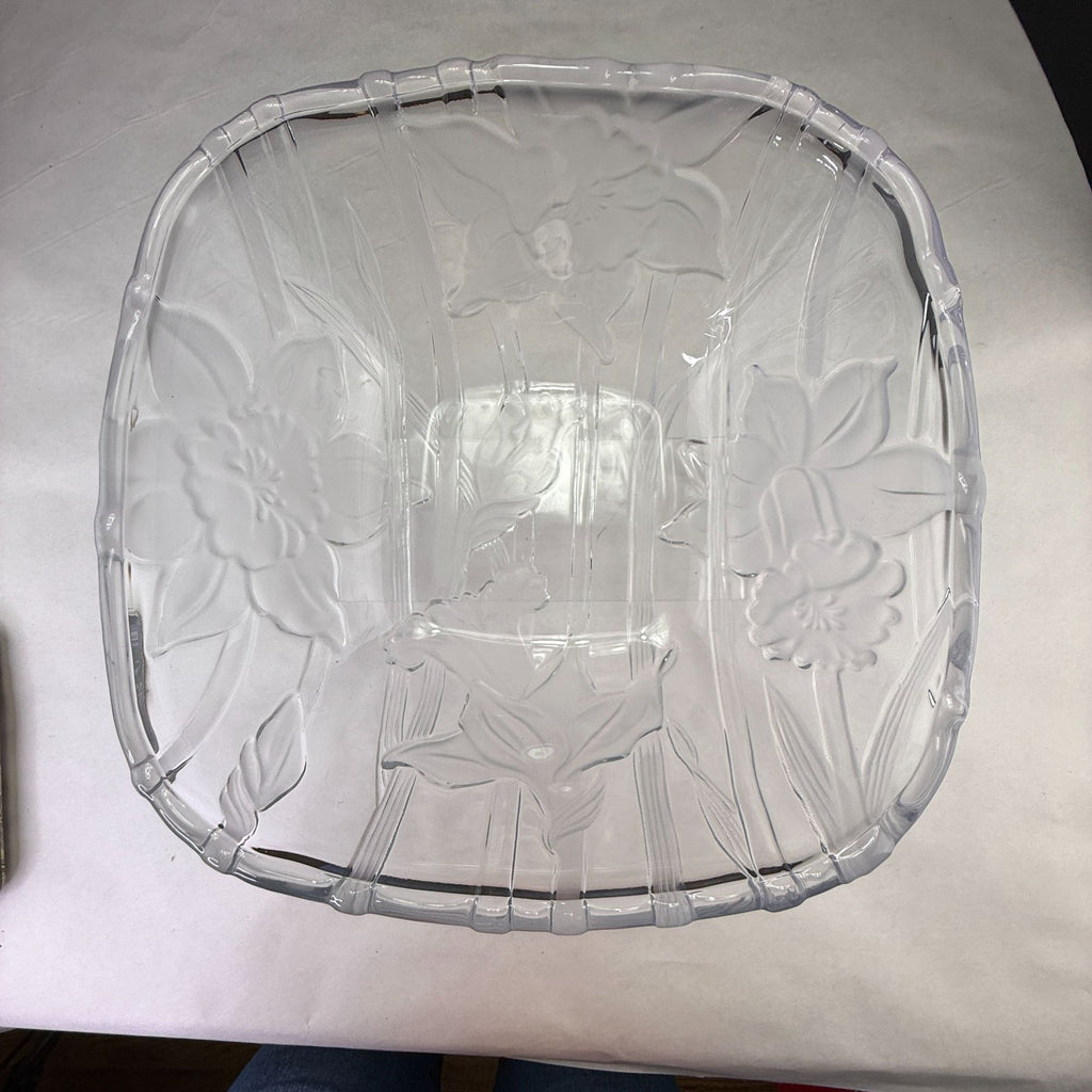 Vintage Mikasa Frosted Glass Square Bowl With Lily & Daffodil Floral Design