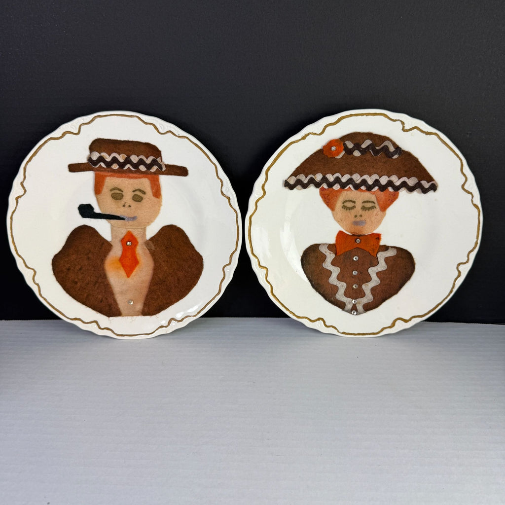 Vintage Folk Art Felt Appliqué Mr & Mrs Kitschy Wall Plates Set of 2