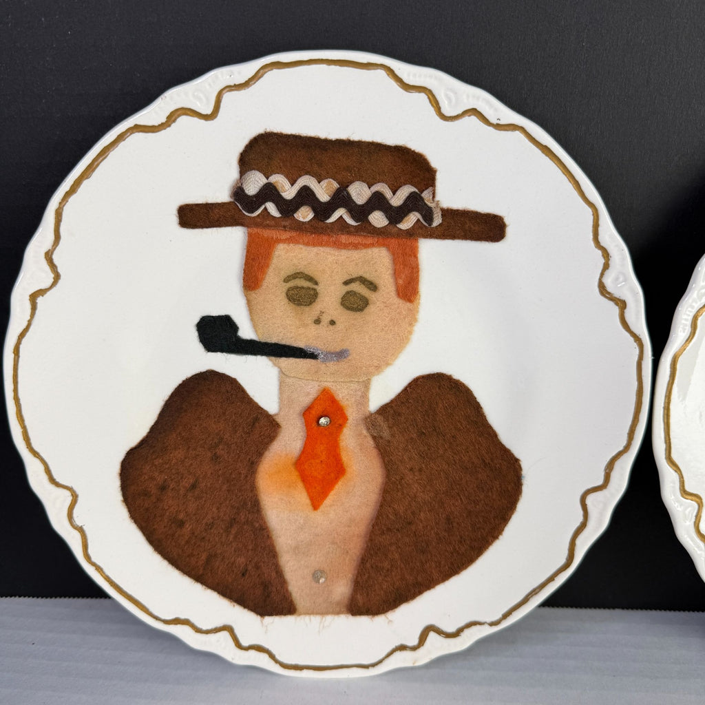 Vintage Folk Art Felt Appliqué Mr & Mrs Kitschy Wall Plates Set of 2