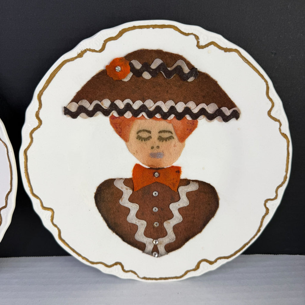Vintage Folk Art Felt Appliqué Mr & Mrs Kitschy Wall Plates Set of 2