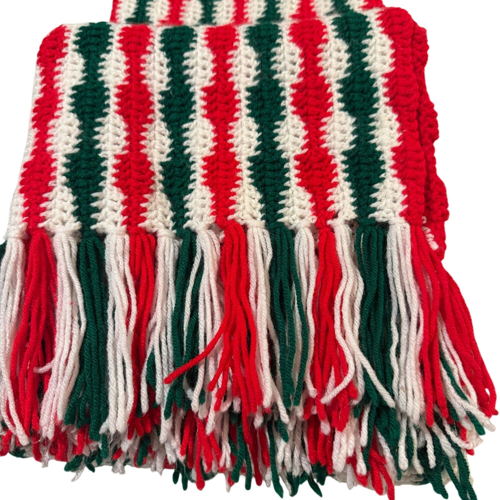 Crochet Christmas Afghan Blanket Red Green White Striped Reversible Fringe 49x68