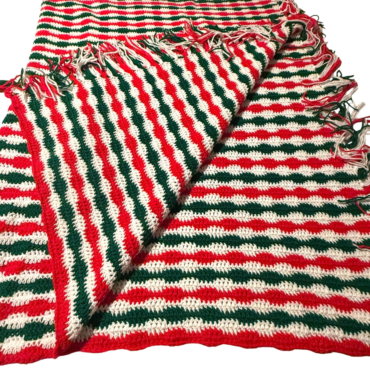 Crochet Christmas Afghan Blanket Red Green White Striped Reversible Fringe 49x68