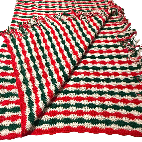 Crochet Christmas Afghan Blanket Red Green White Striped Reversible Fringe 49x68