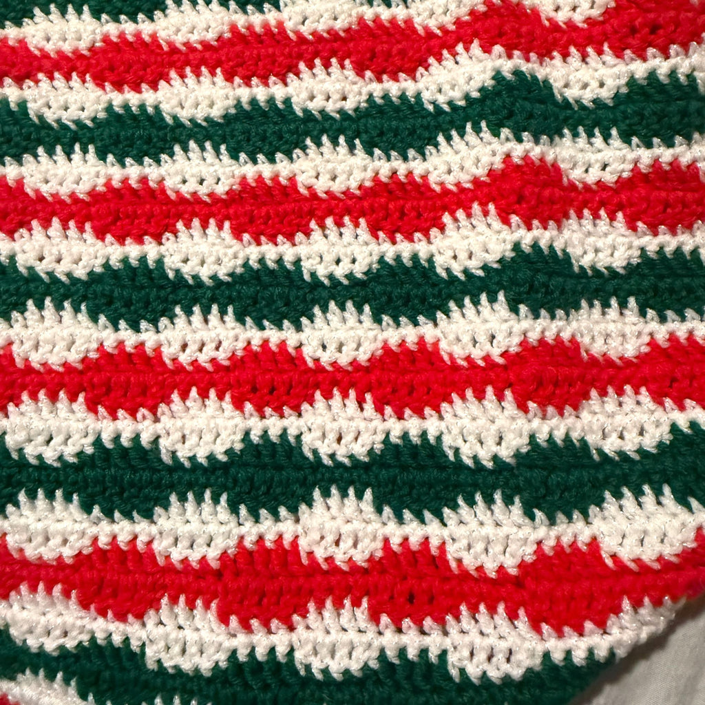 Crochet Christmas Afghan Blanket Red Green White Striped Reversible Fringe 49x68