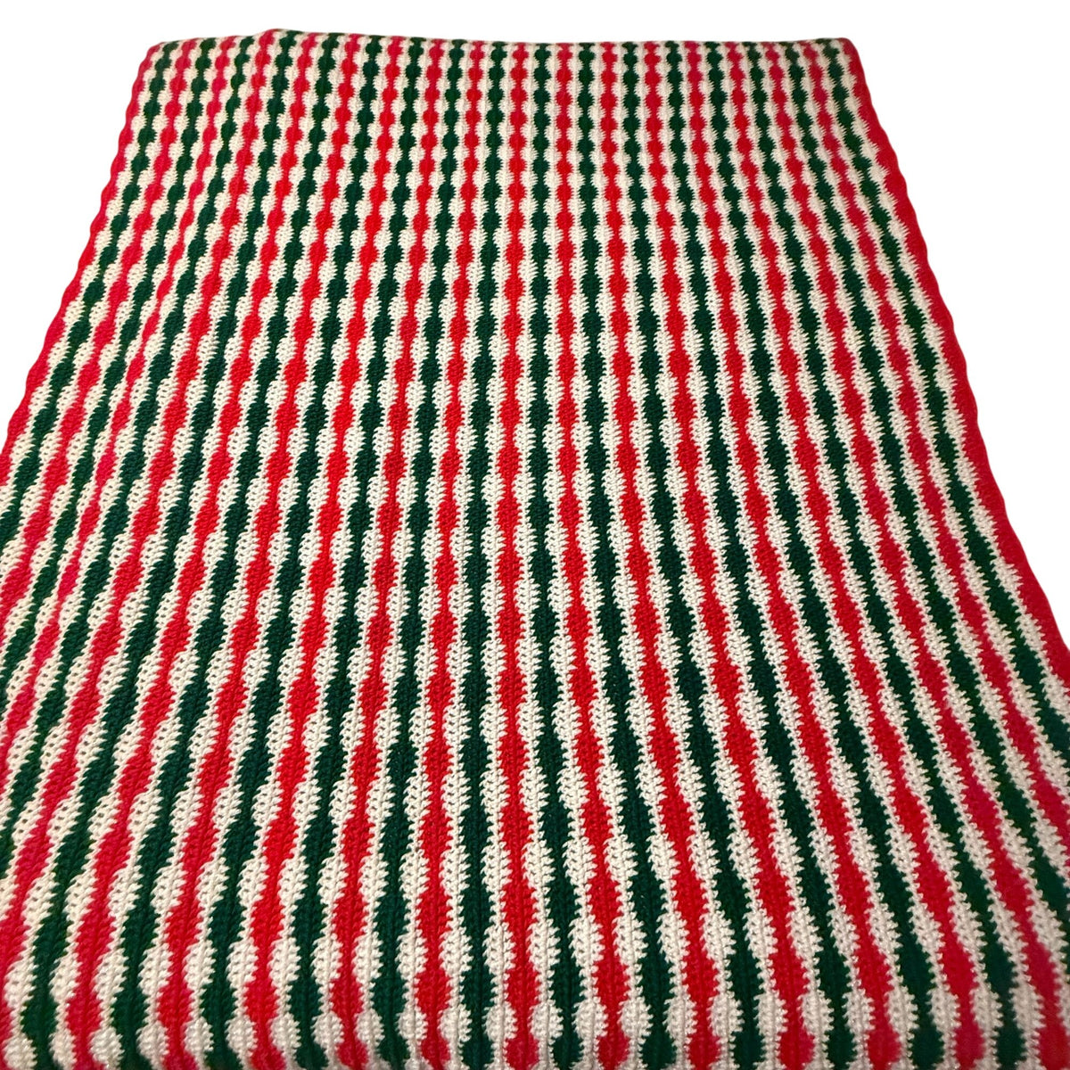 Crochet Christmas Afghan Blanket Red Green White Striped Reversible Fringe 49x68