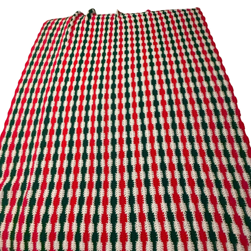 Crochet Christmas Afghan Blanket Red Green White Striped Reversible Fringe 49x68