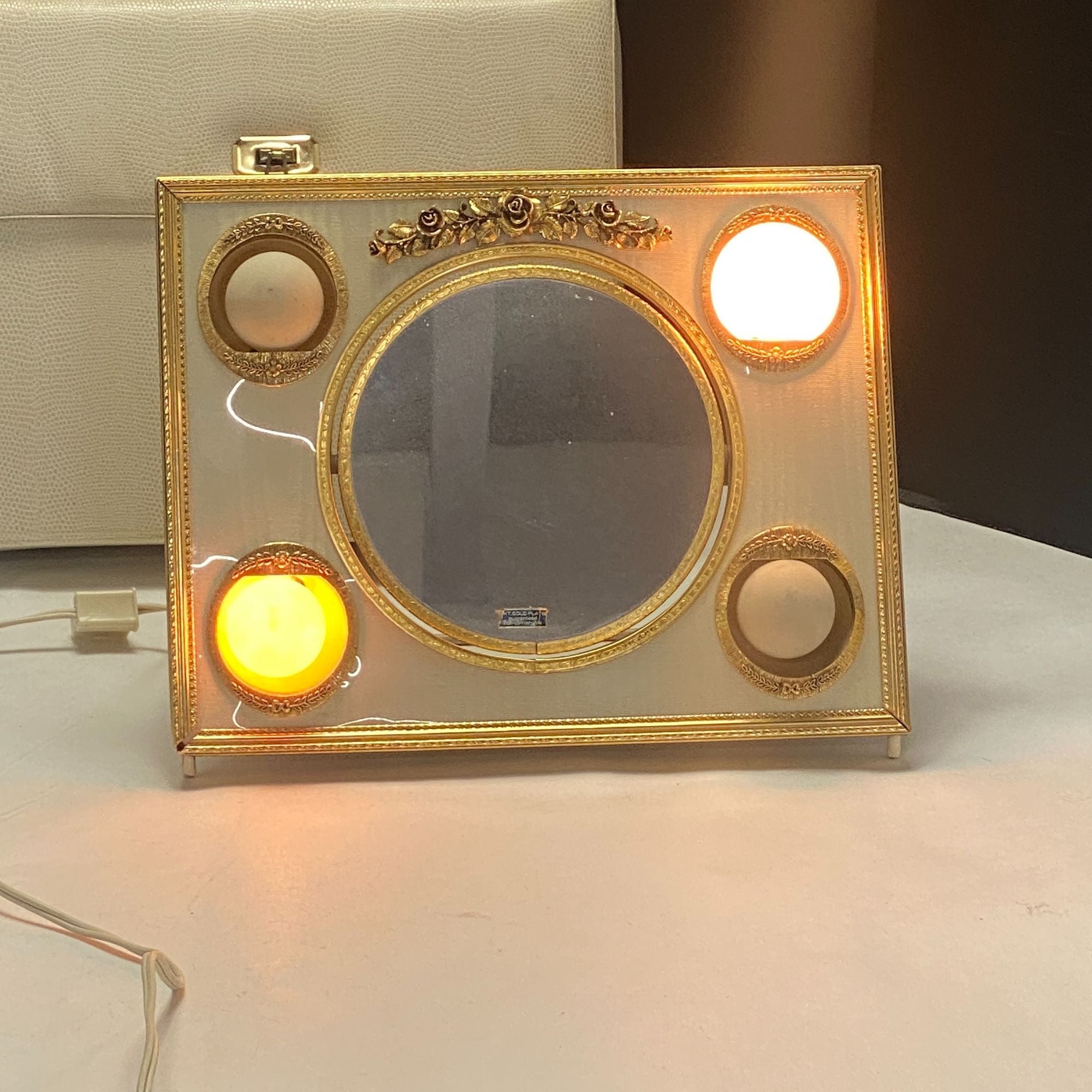 Vintage Matson Rose Lighted Makeup Mirror and Case