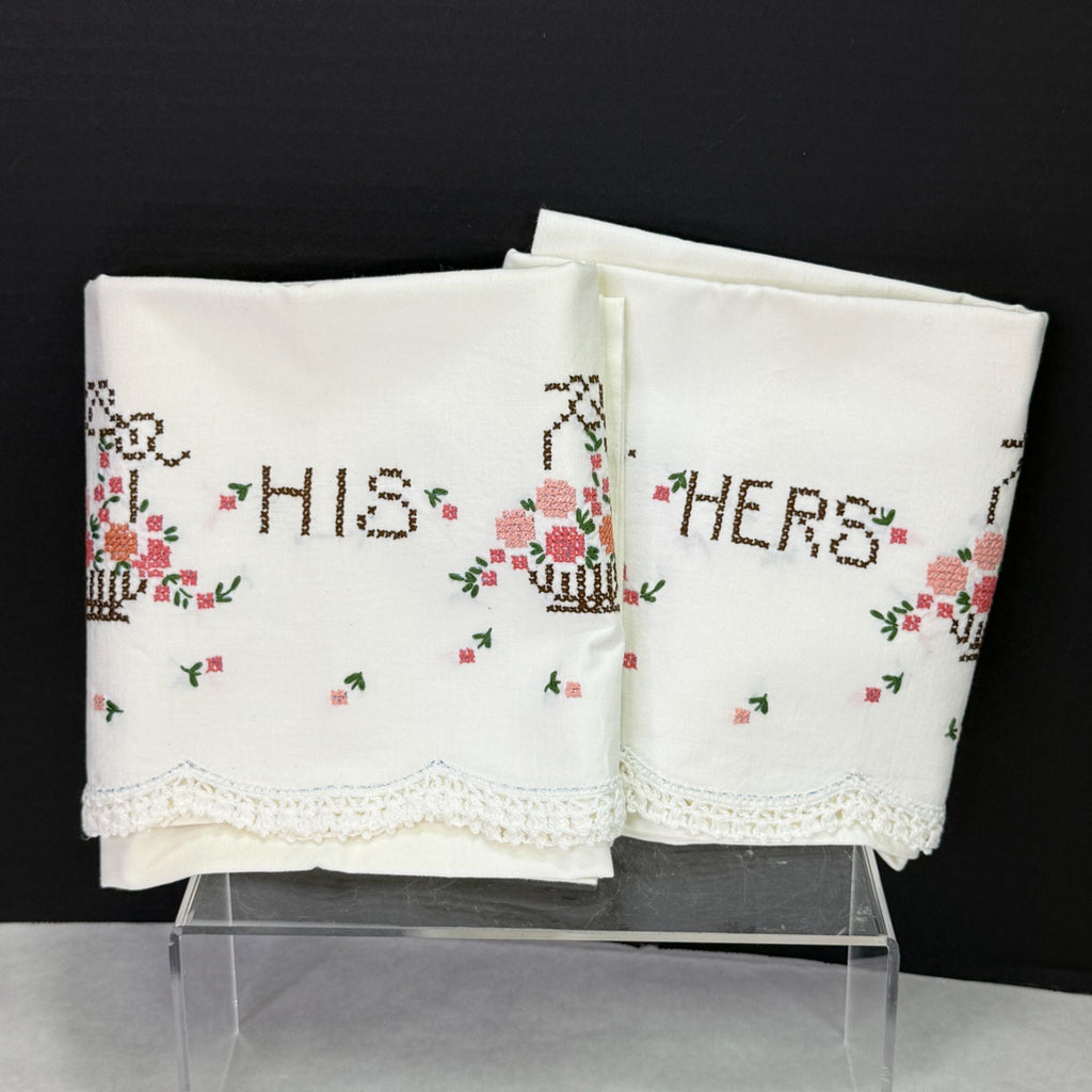 Vintage His Hers Embroidered Pillowcases Pair Pink Floral Crochet Lace Trim
