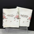 Vintage His Hers Embroidered Pillowcases Pair Pink Floral Crochet Lace Trim