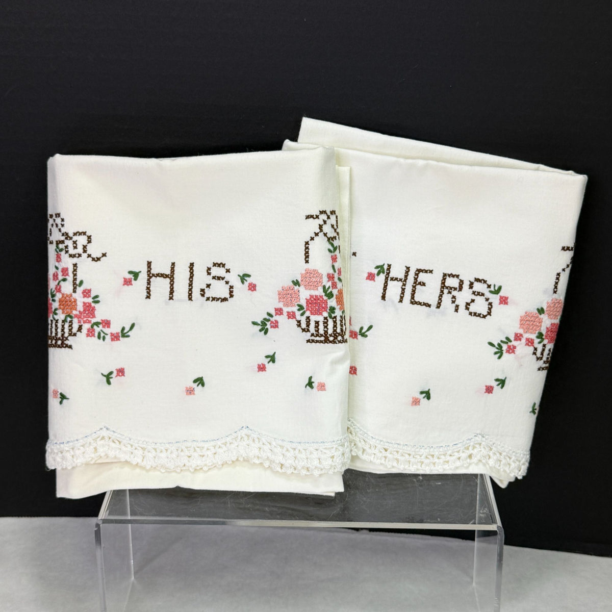 Vintage His Hers Embroidered Pillowcases Pair Pink Floral Crochet Lace Trim