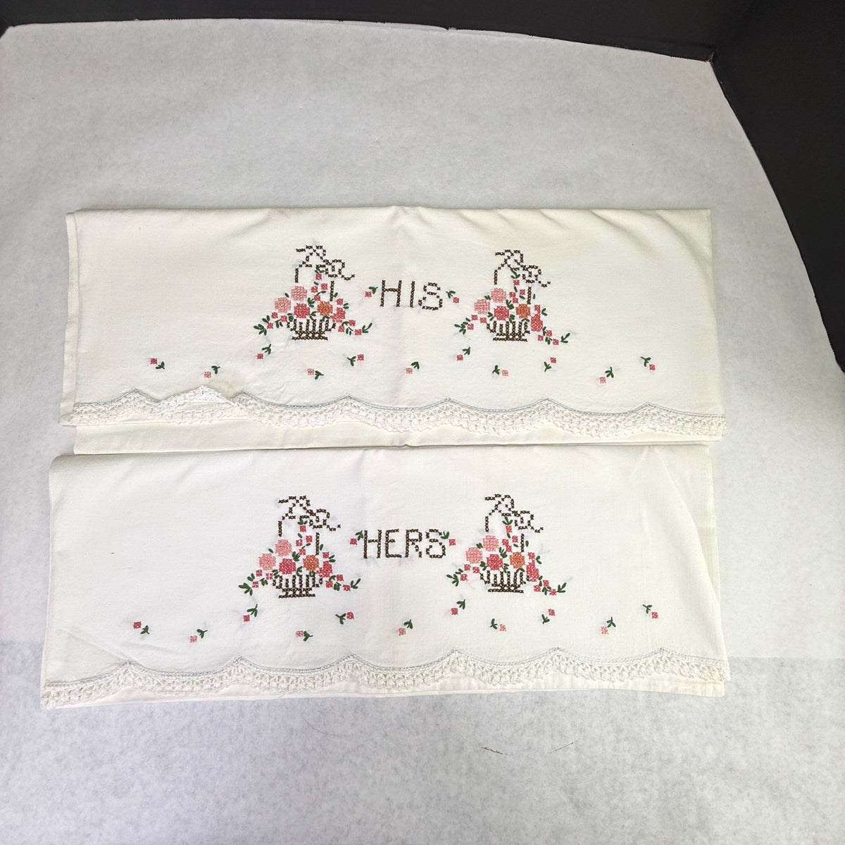 Vintage His Hers Embroidered Pillowcases Pair Pink Floral Crochet Lace Trim