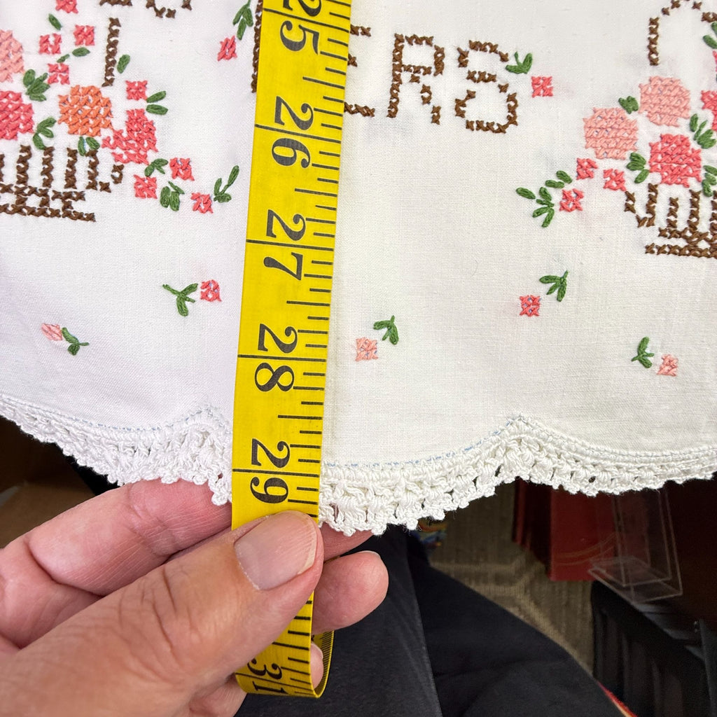 Vintage His Hers Embroidered Pillowcases Pair Pink Floral Crochet Lace Trim