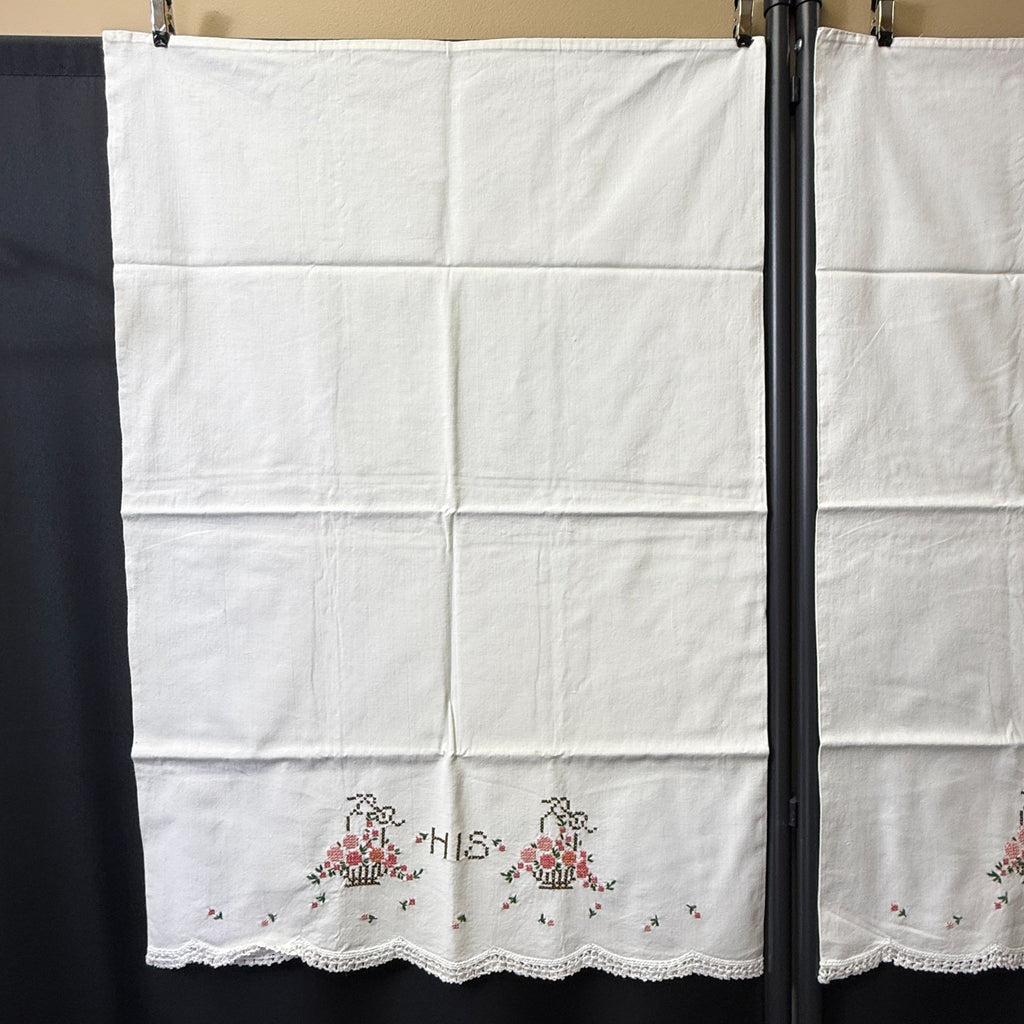 Vintage His Hers Embroidered Pillowcases Pair Pink Floral Crochet Lace Trim