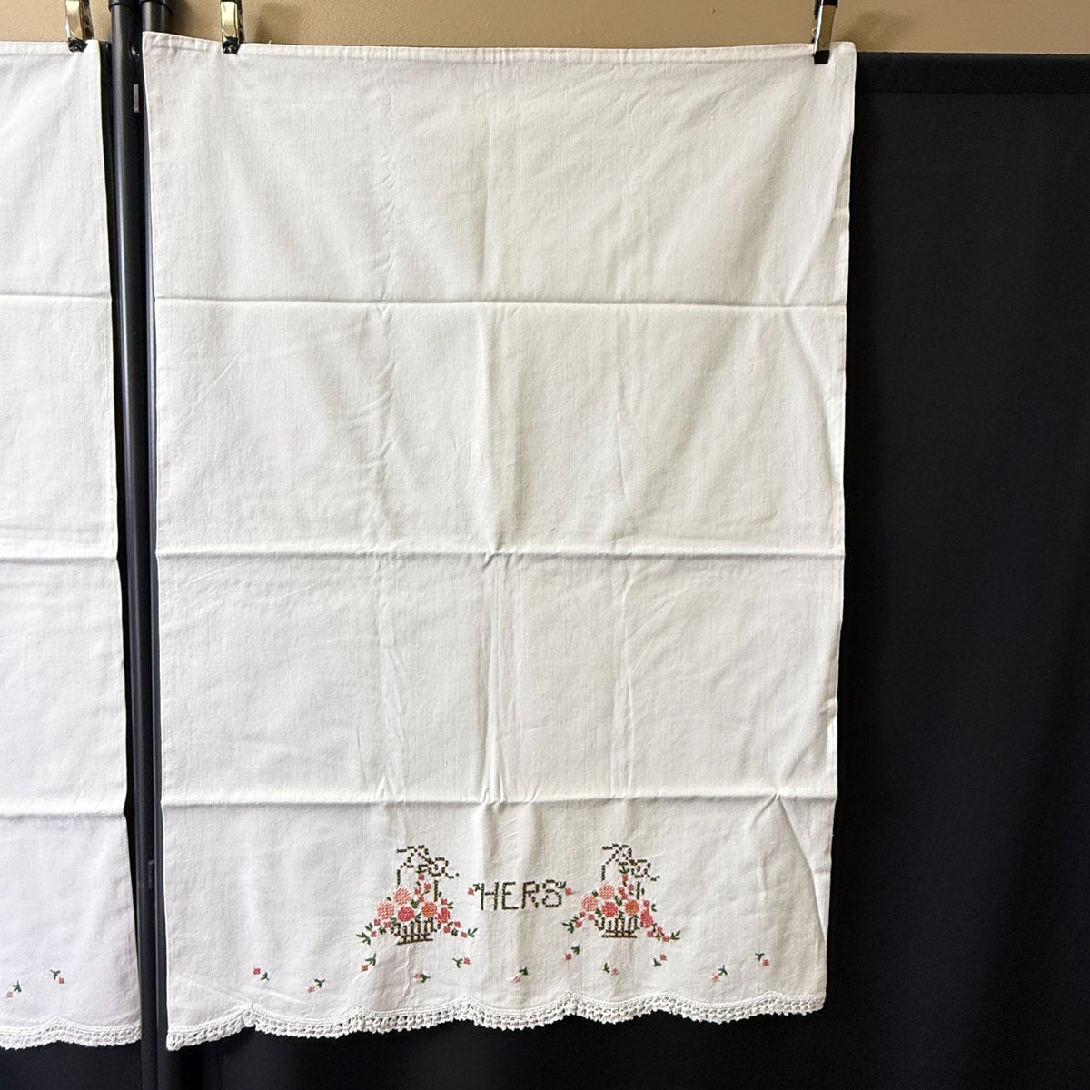 Vintage His Hers Embroidered Pillowcases Pair Pink Floral Crochet Lace Trim
