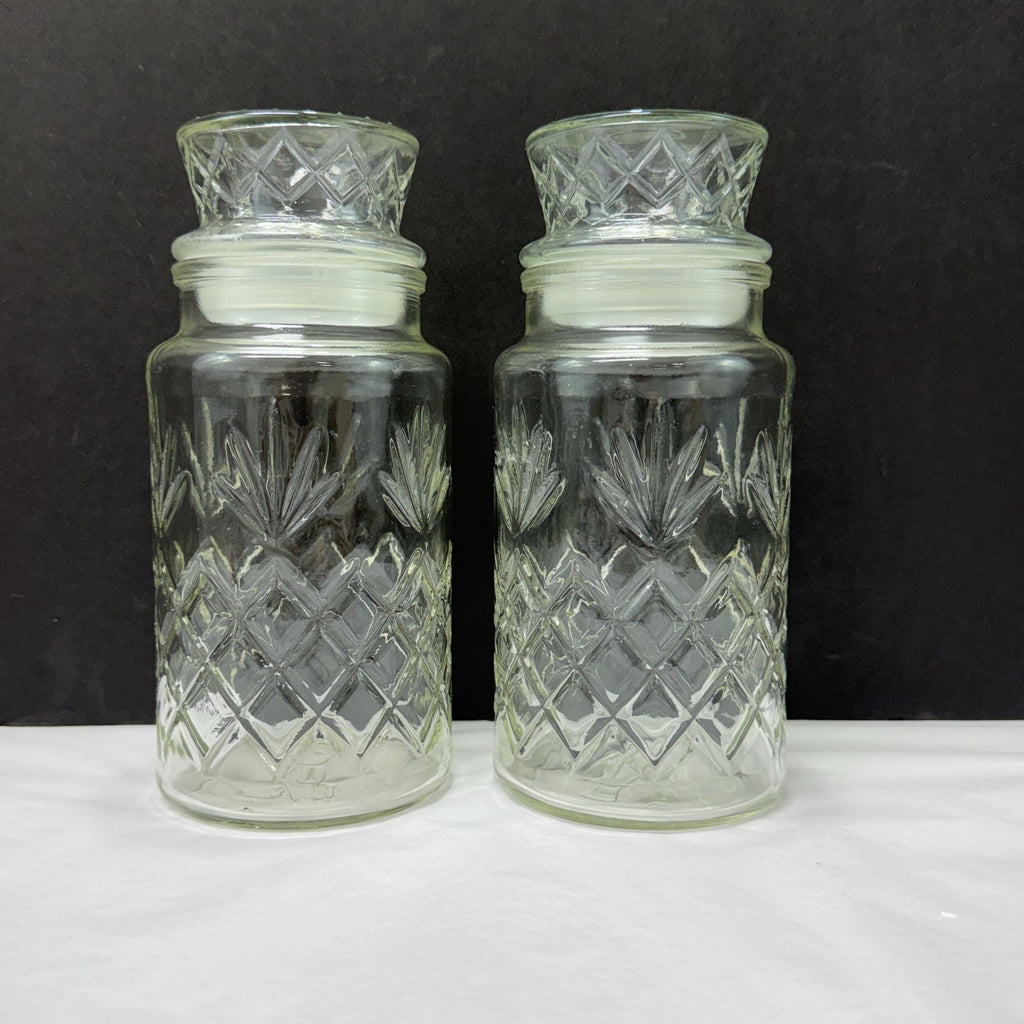 Vintage Planters Peanuts Mr Peanut Glass Apothecary Jars Diamond Fan Design Lot Of 2