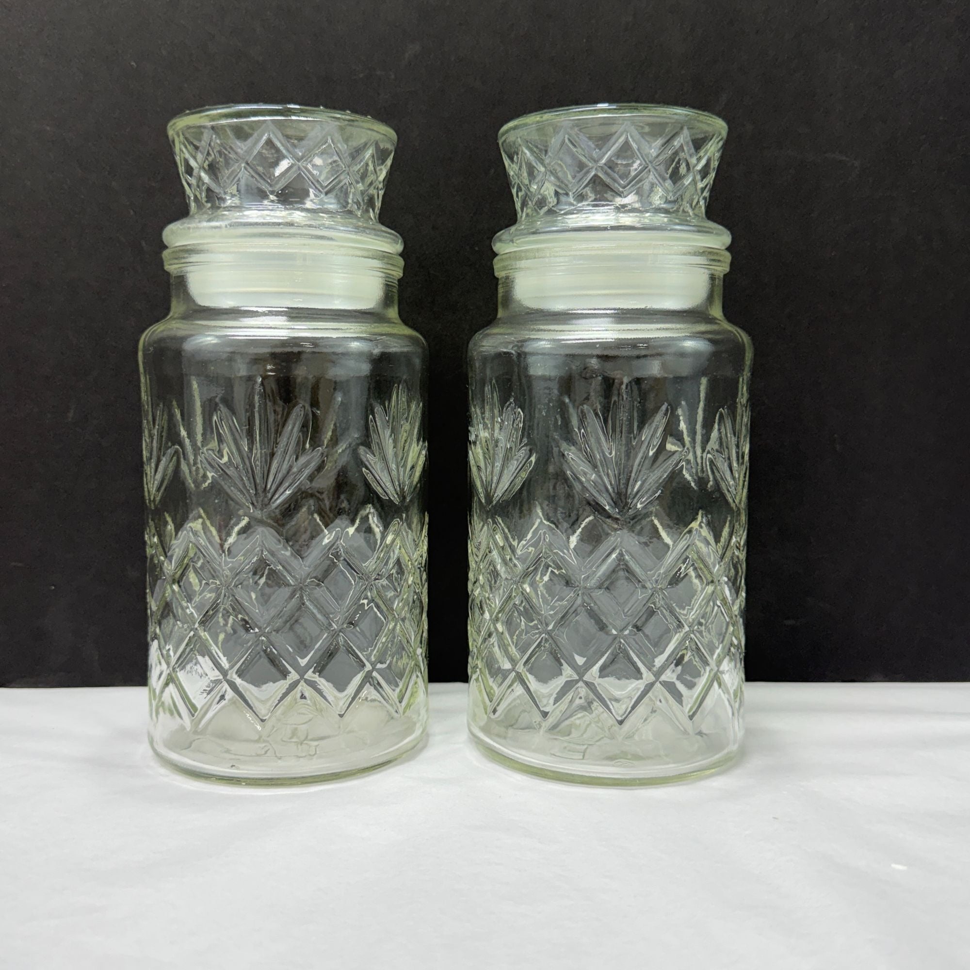 Vintage Planters Peanuts Mr Peanut Glass Apothecary Jars Diamond Fan Design Lot Of 2