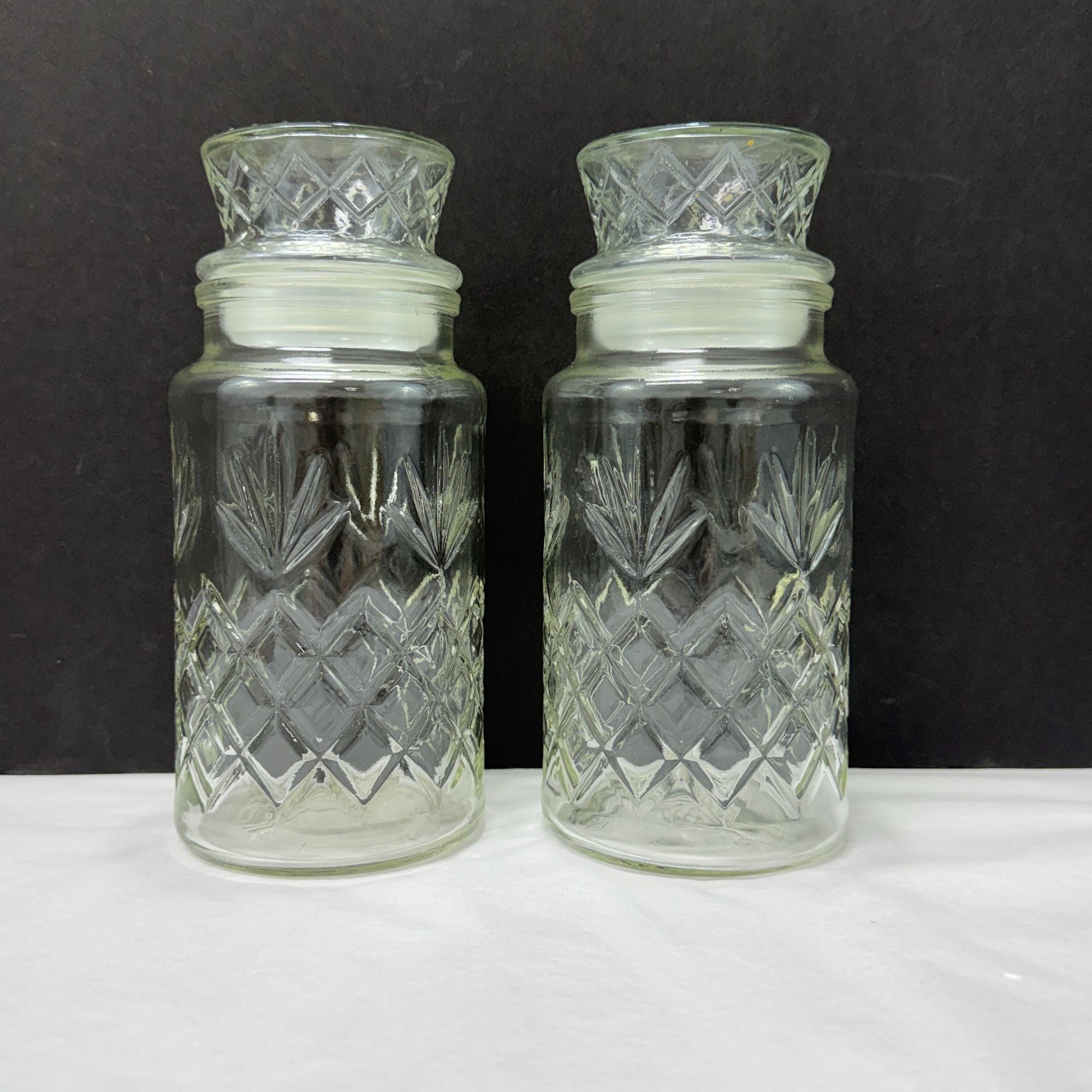 Vintage Planters Peanuts Mr Peanut Glass Apothecary Jars Diamond Fan Design Lot Of 2