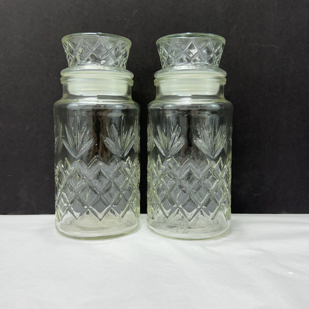 Vintage Planters Peanuts Mr Peanut Glass Apothecary Jars Diamond Fan Design Lot Of 2