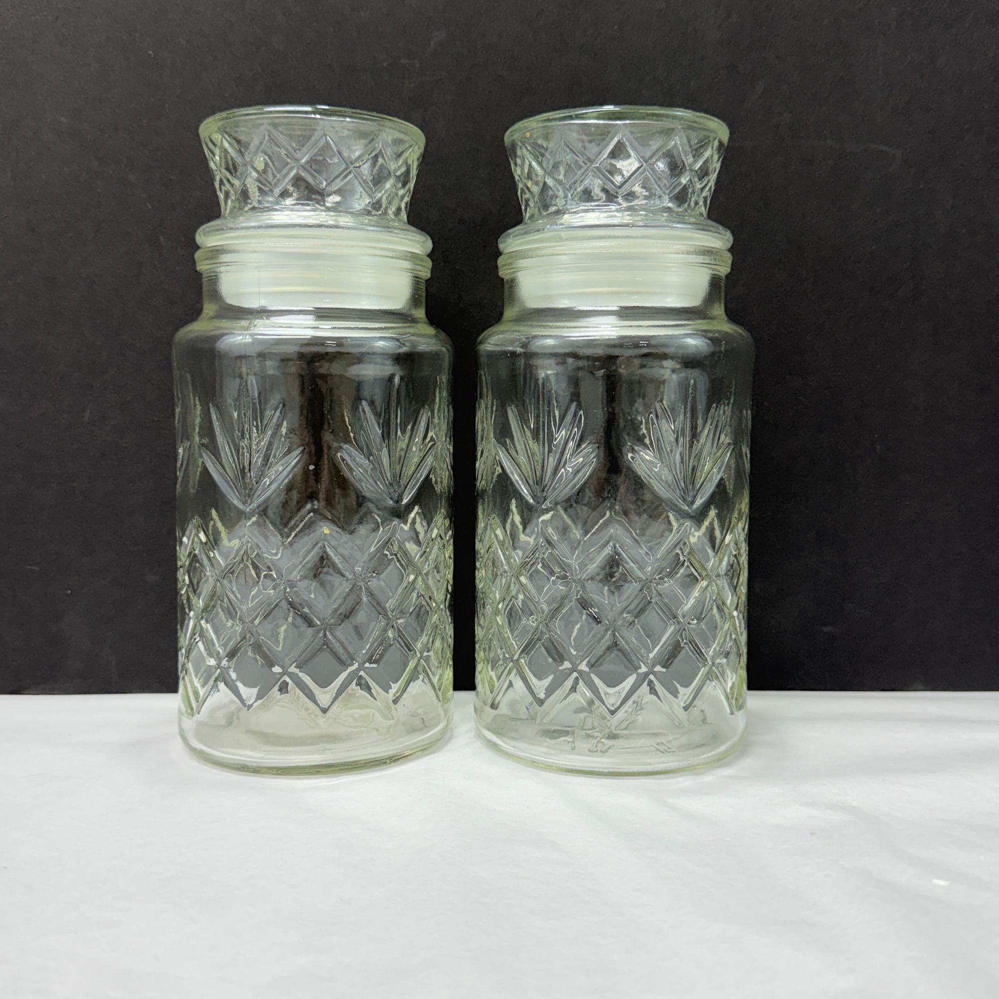 Vintage Planters Peanuts Mr Peanut Glass Apothecary Jars Diamond Fan Design Lot Of 2
