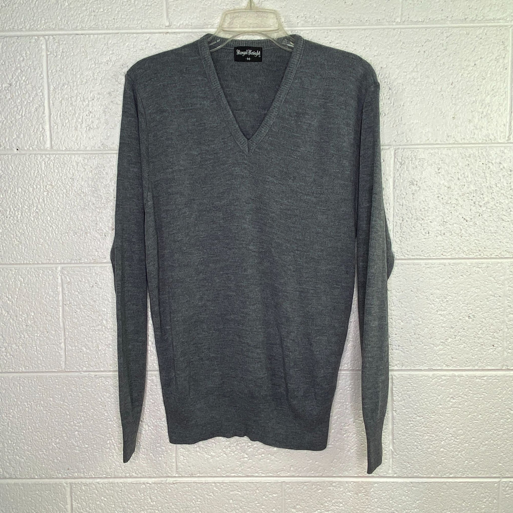 Vintage Royal Knight V Neck Men M Long Sleeve Pullover Sweater Gray