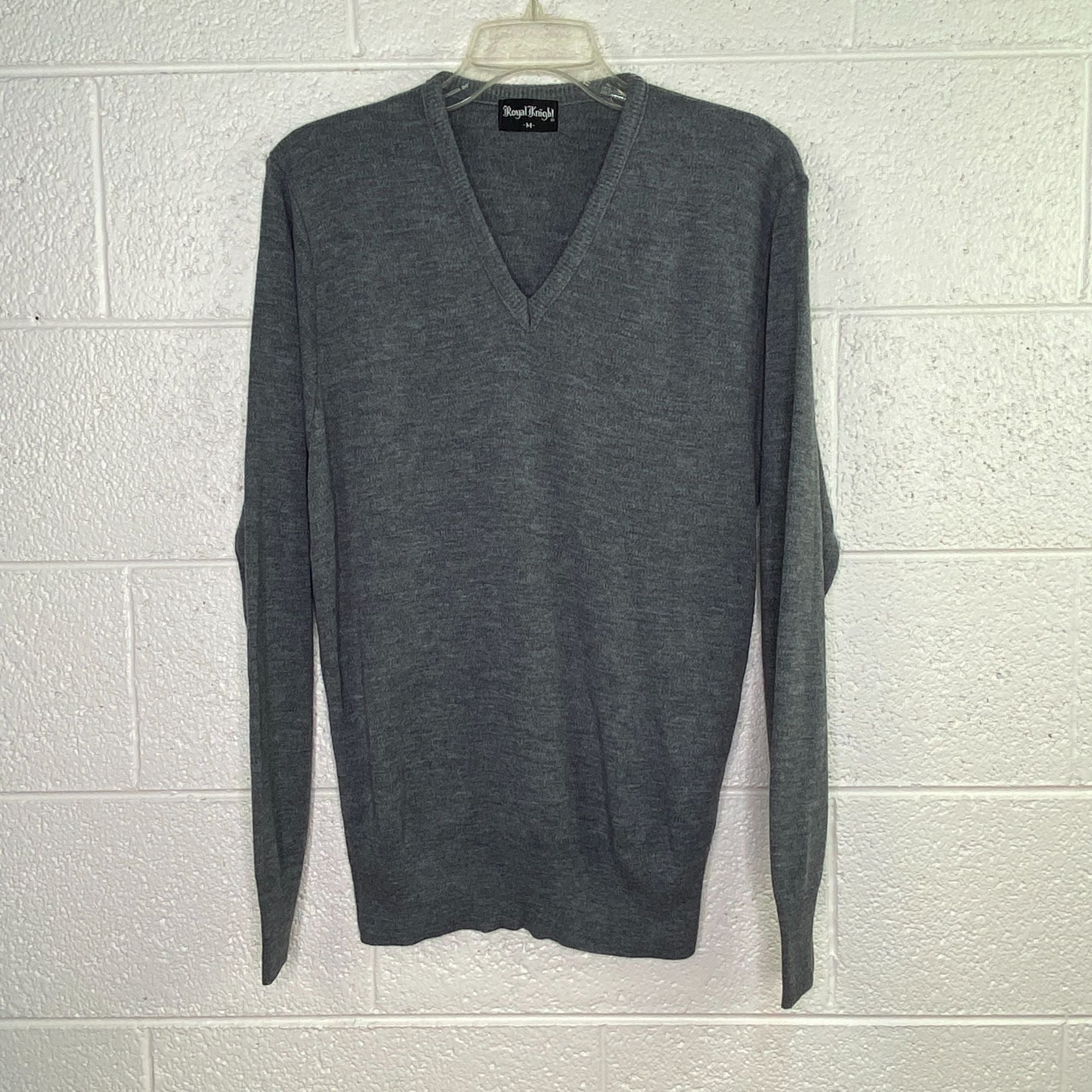 Vintage Royal Knight V Neck Men M Long Sleeve Pullover Sweater Gray
