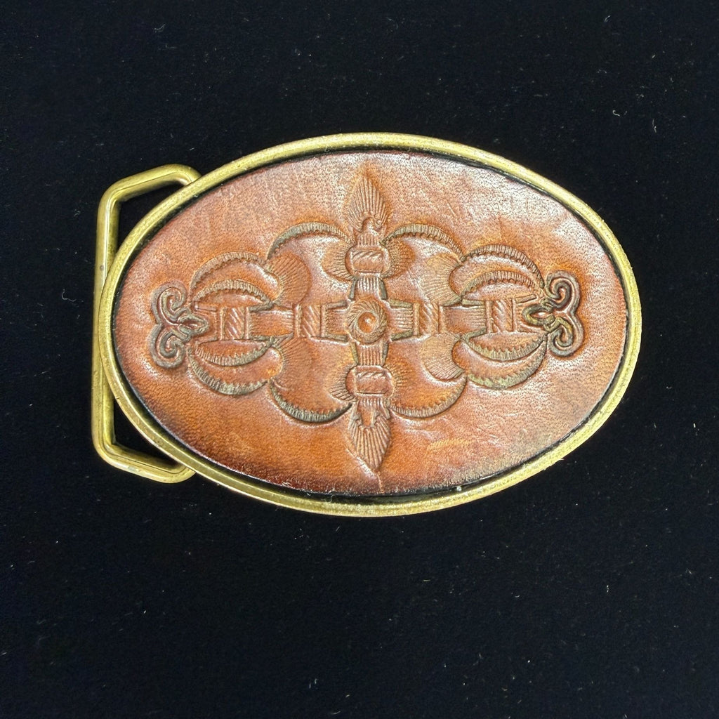Vintage BTS Solid Brass & Leather Belt Buckle Oval Design Made In USA