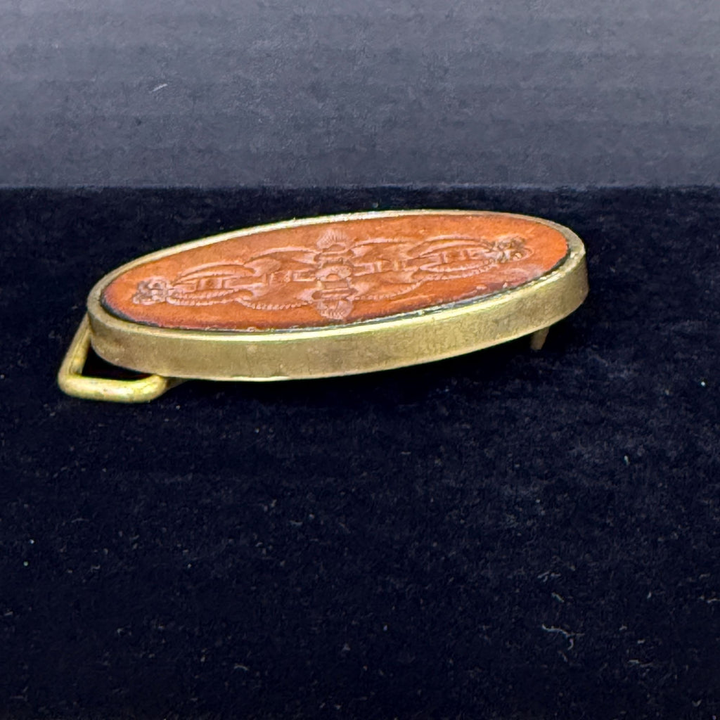 Vintage BTS Solid Brass & Leather Belt Buckle Oval Design Made In USA