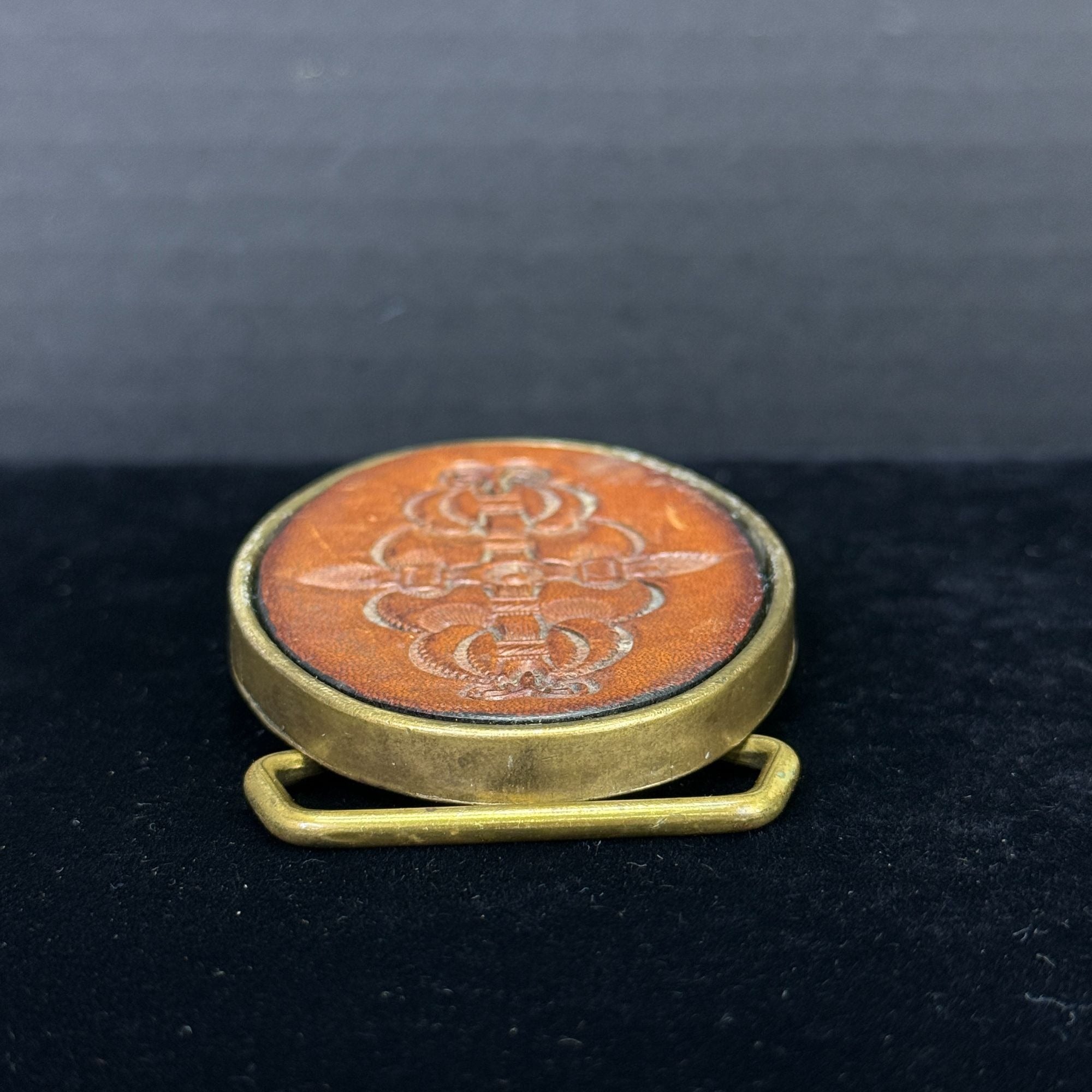 Vintage BTS Solid Brass & Leather Belt Buckle Oval Design Made In USA