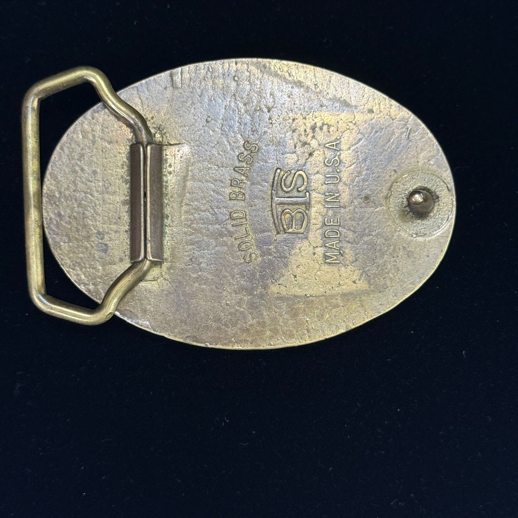 Vintage BTS Solid Brass & Leather Belt Buckle Oval Design Made In USA