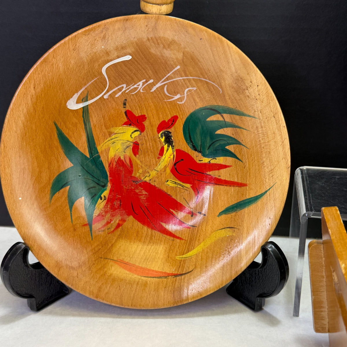 Vintage Chicken Rooster Wood Serving Bowls and Burger Press Lot of 3