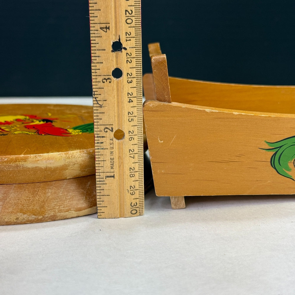Vintage Chicken Rooster Wood Serving Bowls and Burger Press Lot of 3