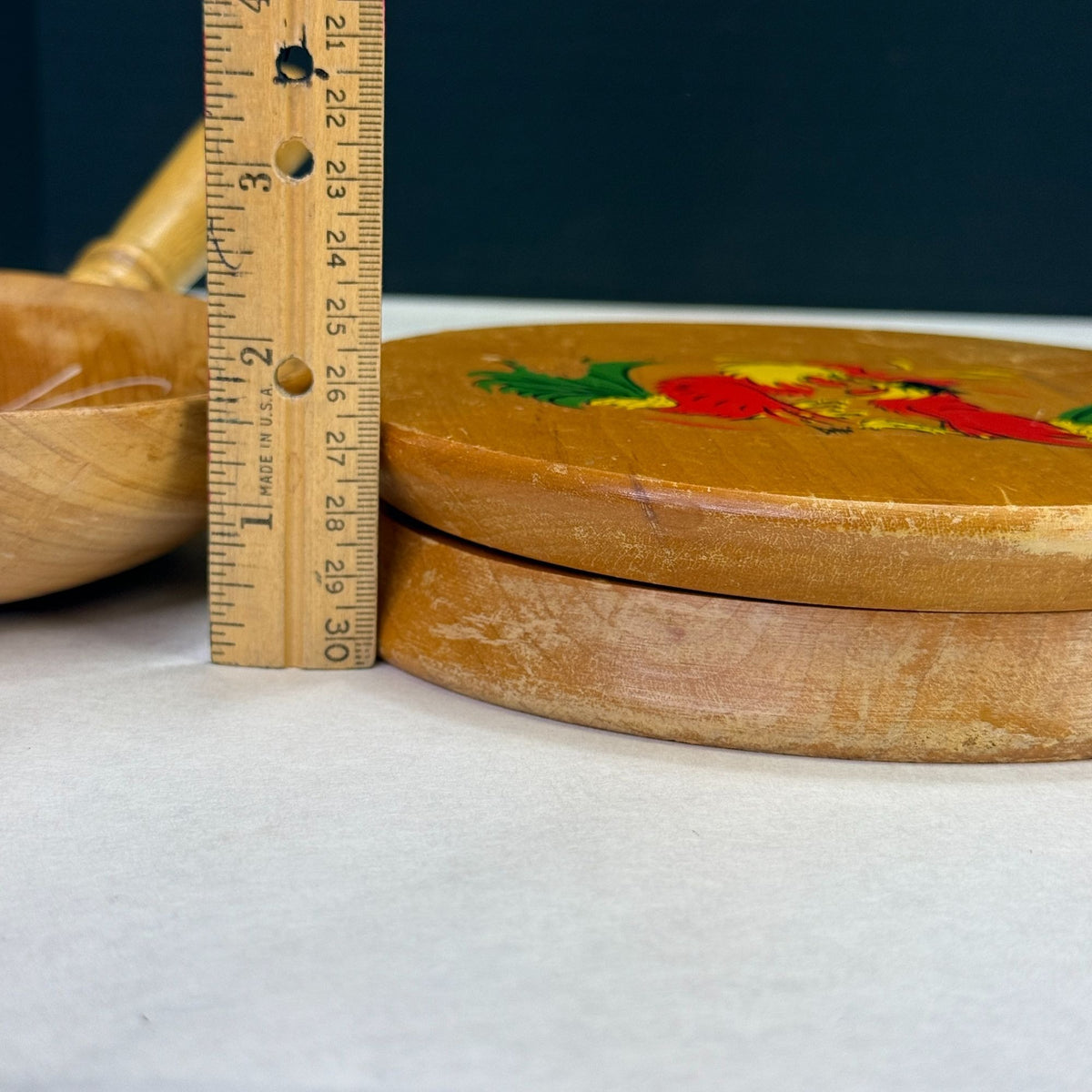 Vintage Chicken Rooster Wood Serving Bowls and Burger Press Lot of 3