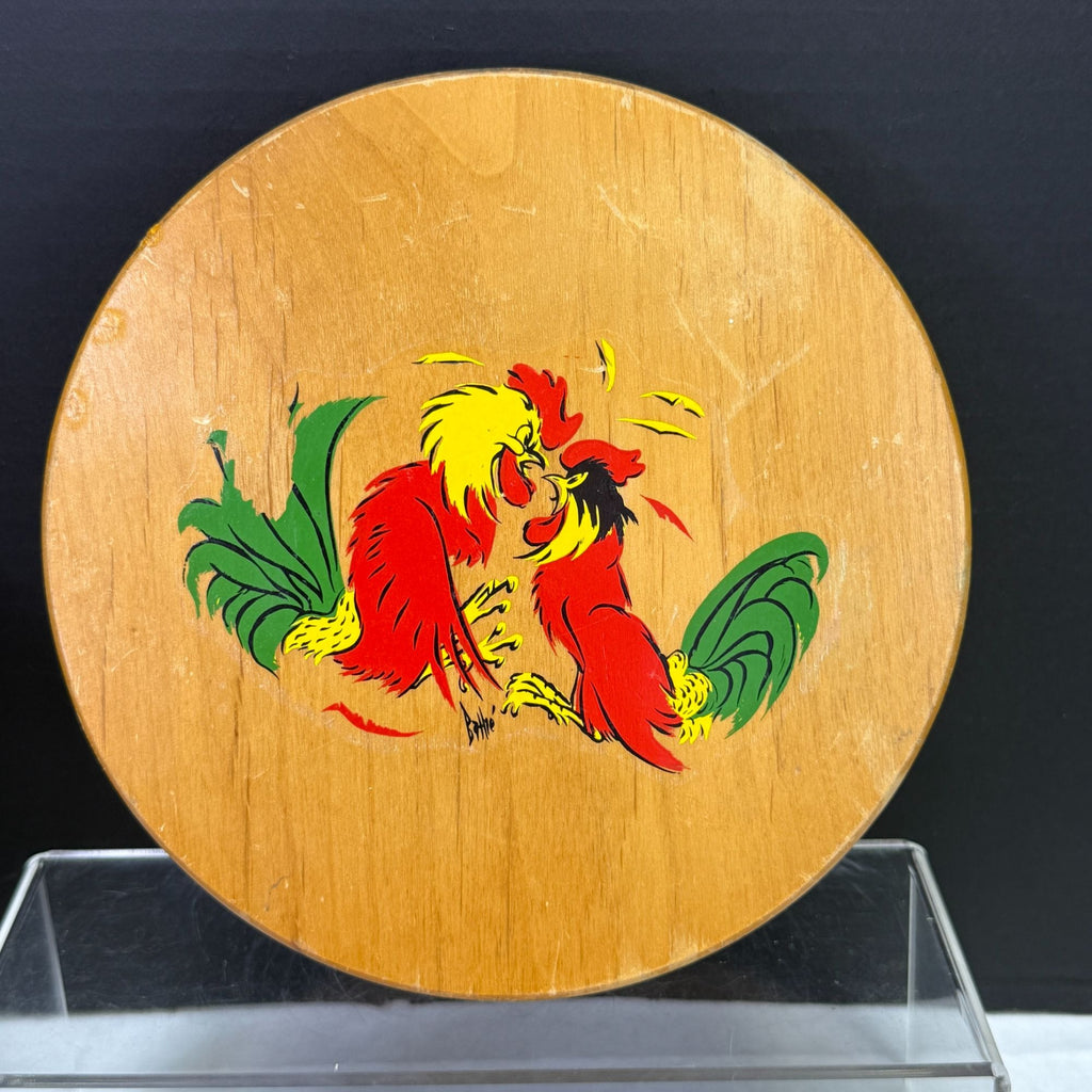 Vintage Chicken Rooster Wood Serving Bowls and Burger Press Lot of 3