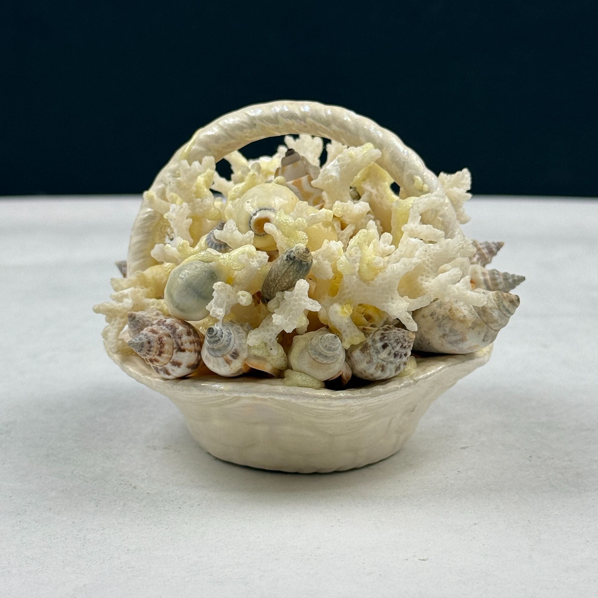Vintage Pohaku Kiln Hawaii Pottery Basket With Corals & Shells Figurine Souvenir