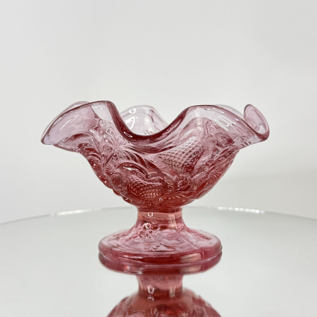 Vintage Fenton Dusty Rose Pink Inverted Strawberry Ruffled Footed Compote Bowl