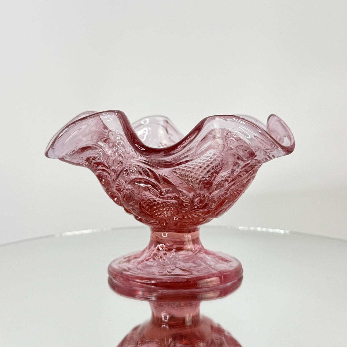 Vintage Fenton Dusty Rose Pink Inverted Strawberry Ruffled Footed Compote Bowl