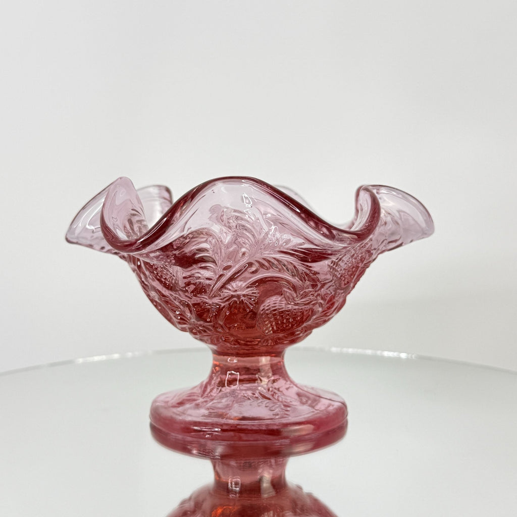 Vintage Fenton Dusty Rose Pink Inverted Strawberry Ruffled Footed Compote Bowl