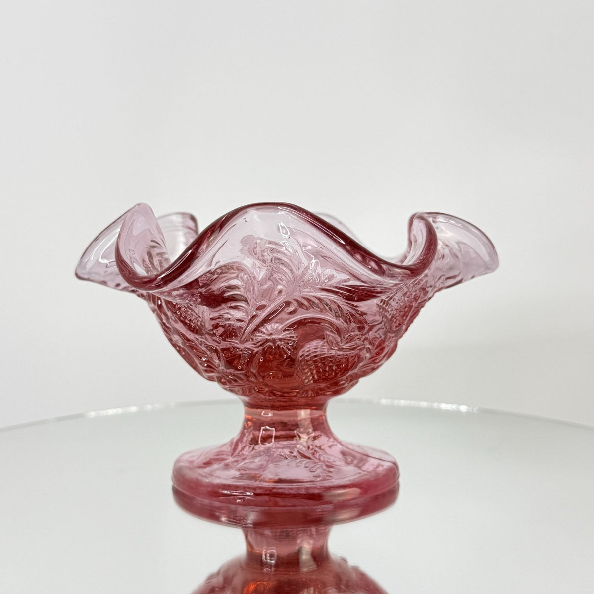 Vintage Fenton Dusty Rose Pink Inverted Strawberry Ruffled Footed Compote Bowl