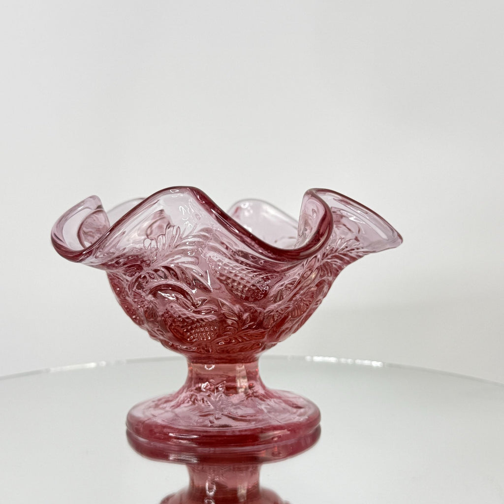 Vintage Fenton Dusty Rose Pink Inverted Strawberry Ruffled Footed Compote Bowl