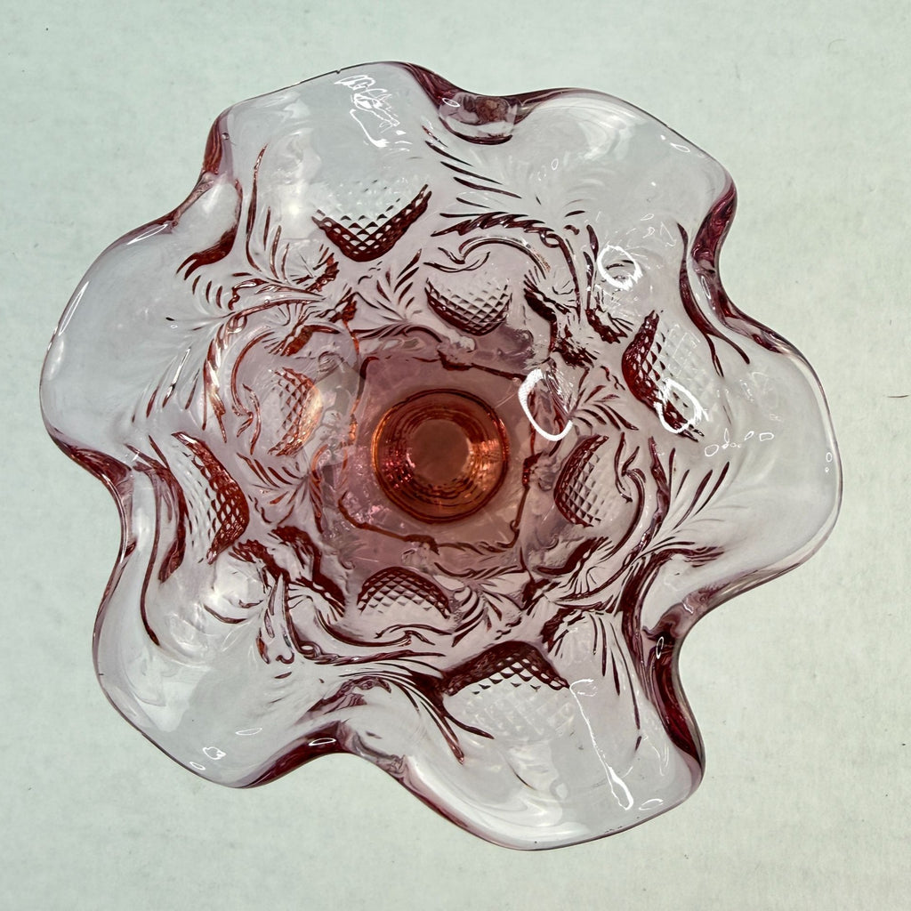 Vintage Fenton Dusty Rose Pink Inverted Strawberry Ruffled Footed Compote Bowl